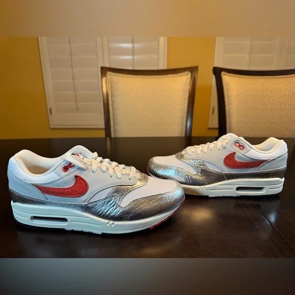 New Nike Air Max 1 Premium White Silver Sneaker Shoes Size US 10 - Picture 11 of 14